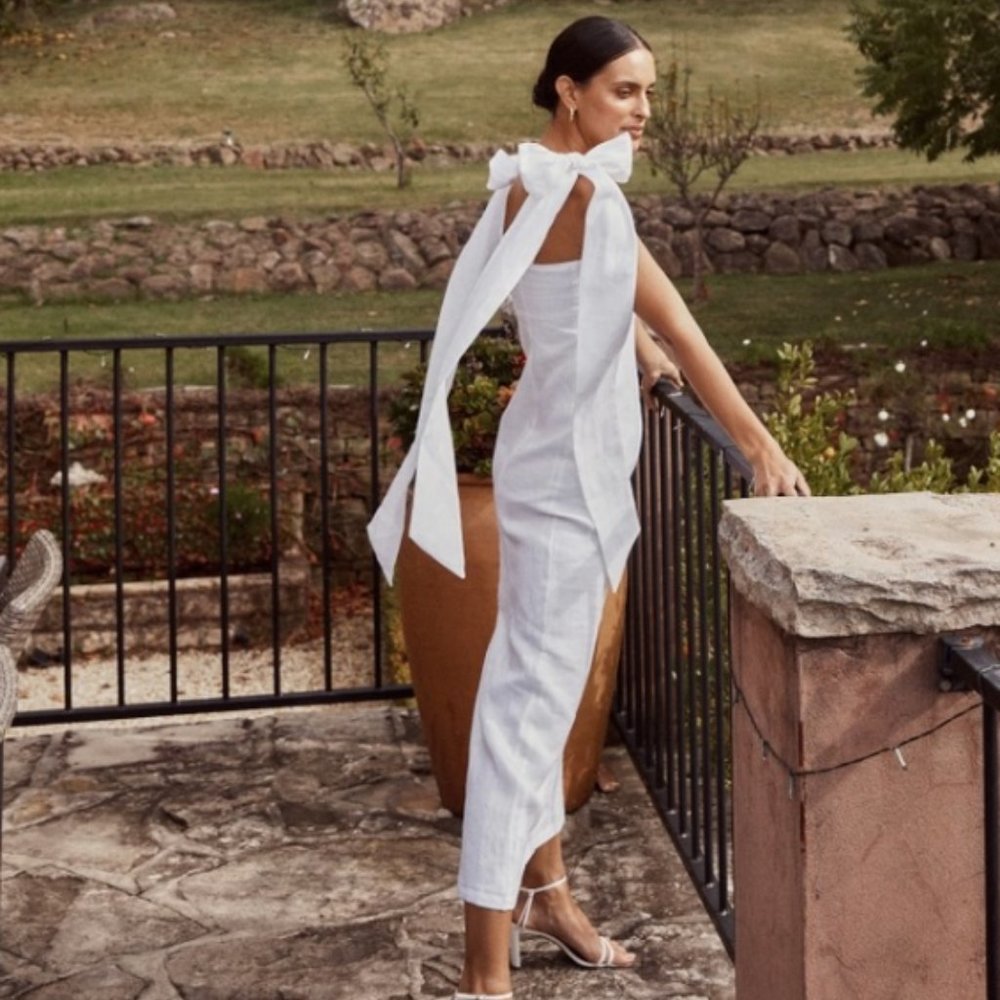 AISLE WHITE LINEN BOW MIDI DRESS | size 2 NWT